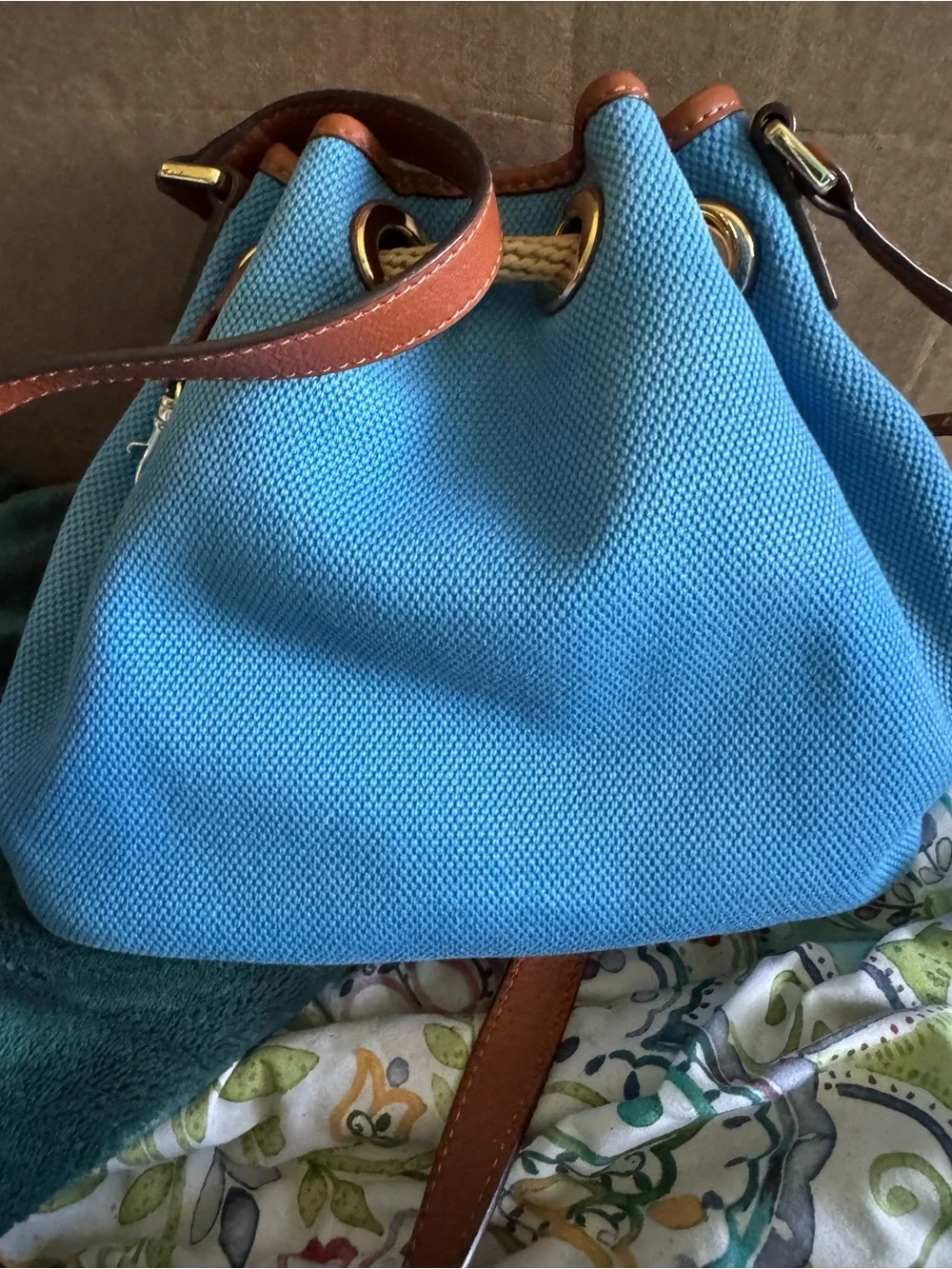 Michael Kors Turquoise Canvas Bucket Bag with Brown Leather Trim